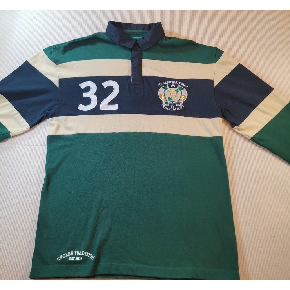 Croker Tradition Ireland Mens Rugby 32 Striped Long Sleeve Shirt Green Navy L